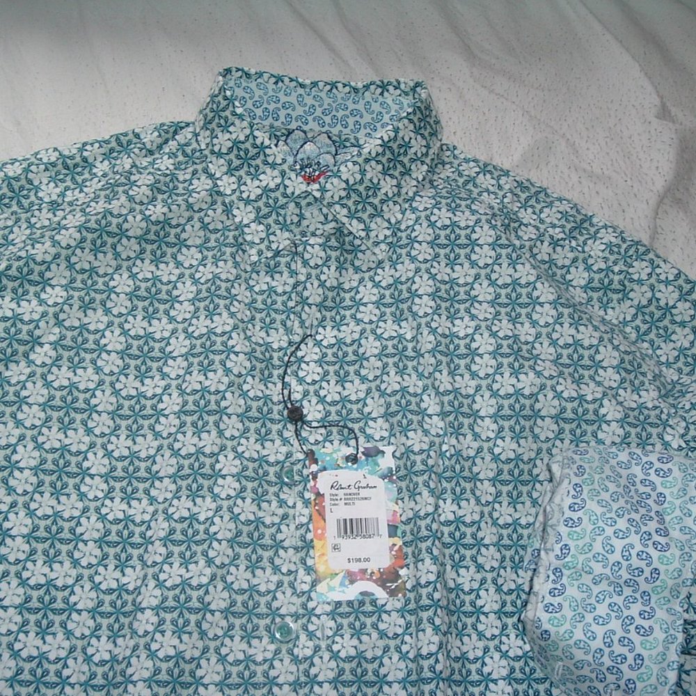 ROBERT GRAHAM Teal Geometric Floral Long Sleeve Shirt Size L Brand NEW w/ Tags